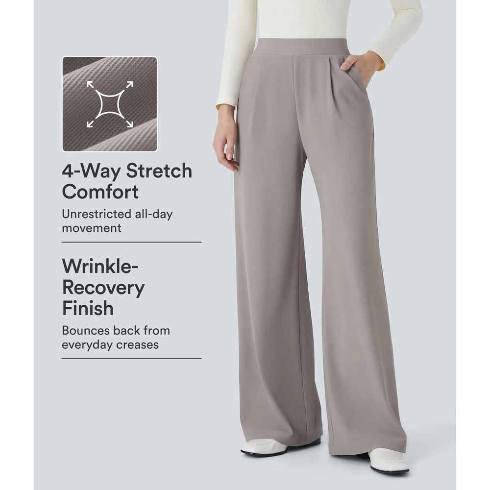 Halara High Waisted Slimming Wide Leg Micro Waffle Work Pants Gray Med Petite
